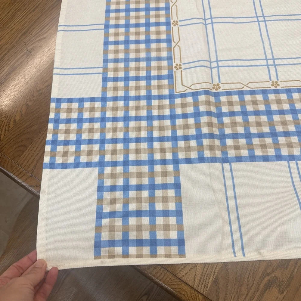 Vintage Italian Tablecloth Embroidered Salt Pepper Plaid 100% Cotton 56x93 Italy